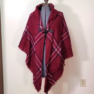 Soft Burgundy Plaid Blanket Shawl Poncho Cloak One Size
